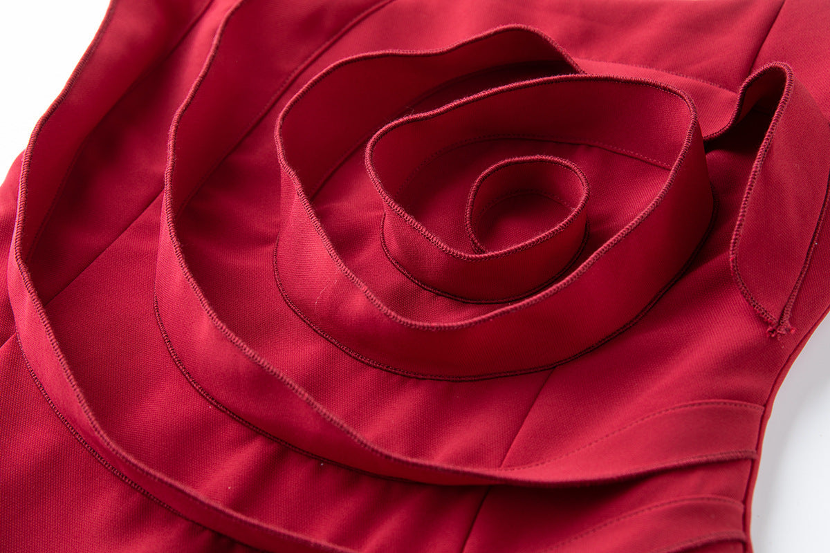 Strapless 3D Rose Maxi Dress – Red